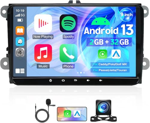 Double Din 2+32G Car Stereo for Bora Caddy Polo Golf MK Passat Jetta Touran with Carplay Android Auto 9 Touchscreen GPS Navi Bluetooth 5.0 WiFi FM/RDS SWC Mirror Link Backup Camera Mic