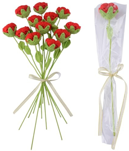 HICOHAND Lot de 12 roses rouges tricotées à la main au crochet - Bouquet de fleurs artificielles au crochet - Cadeaux pour anniversaire, mariage, Saint-Valentin
