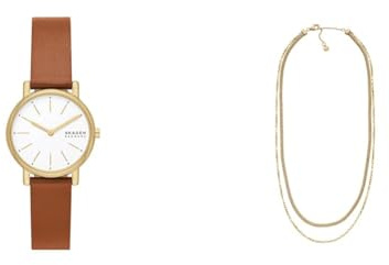 Skagen Damen Signatur Lille Braune Lederuhr und Merete Goldfarbener Edelstahl Halskette, Set