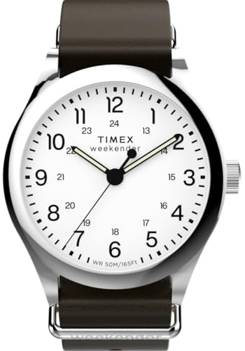 Timex Weekender New England TW2Y35800 - Orologio al quarzo da Uomo, 3 lancette, 39 mm, cinturino in Pelle Marrone Con quadrante Bianco e cassa in Acciaio INOX