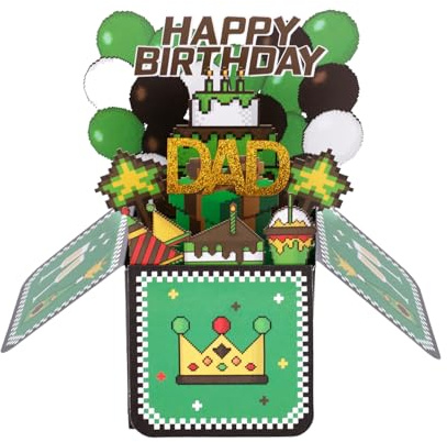 Gosknor Green Cartoon Birthday Pop Up Card, 3D Green Video Game Theme Happy Birthday Greeting Card With Envelope Pop Up Creative Personalized Party Supplies for Dad