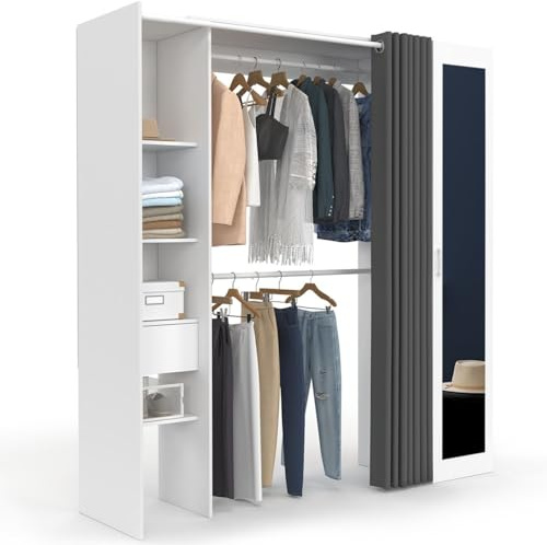 IDMarket - Vestidor extensible MERYL 145/170 x 50 x 180 cm blanco con estantes + doble armario + espejo + cortina gris
