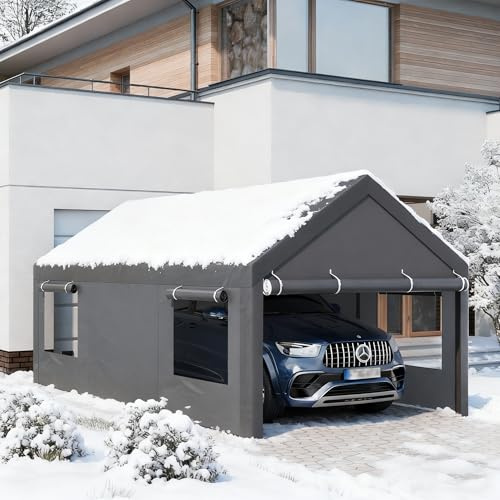 JAMFLY Cochera de 12 x 20 pies, garaje resistente con ventanas enrollables, garaje portátil con paredes laterales y puertas extraíbles, toldo de automóvil con sacos de arena y lona para todas las
