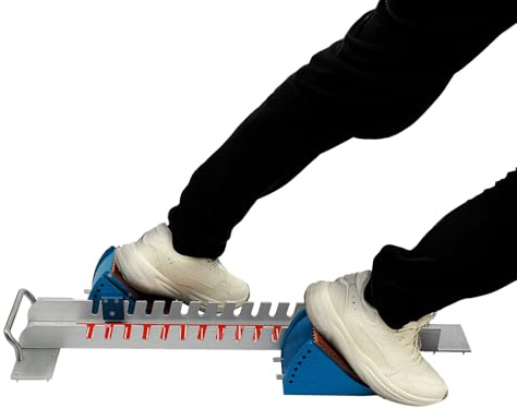 Justerbart friidrott startblock, tillverkat av aluminiumlegering med halkfria pedaler 0–60 cm justeringsområde 6 pedalvinklar blå silver för sprintträning och tävling på plast- och grusbana