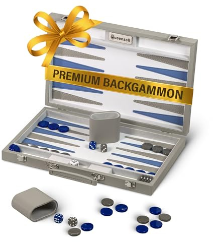 Backgammon Set for Adults, Luxury Premium Leather Backgammon Board Game with PU Leather Case, Acrylic Chips, Dice Shakers – Elegant Grey Backgammon Game Set