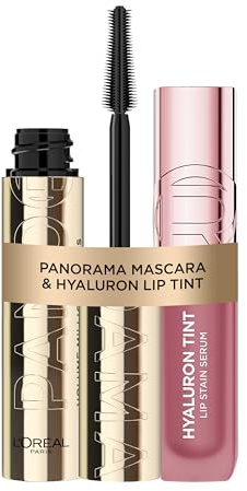 L'Oréal Paris Beauty-Set: Volume Million Lashes Panorama Mascara (Schwarz) für 1,4x größere Augen & Hyaluron Tint Lip Stain Serum für 12H Hydration & Farbe, Augen & Lippen Makeup Duo