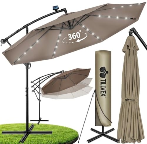 tillvex® Sonnenschirm Solar Ø 300/350 cm + Abdeckung & LED Beleuchtung | Ampelschirm mit Kurbel & Ständer | Gartenschirm Aluminium UV50+ | Alu Kurbelschirm Sonnenschutz Terrasse Garten wasserdicht