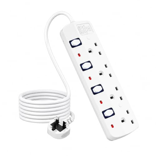 4 Way Extension Lead, Extension Lead 2M with Individual Switches | Wall Mountable 4 Gang Extension Lead 2M (13A/3250W), Multiple Layers of Protection for Home, Office, School