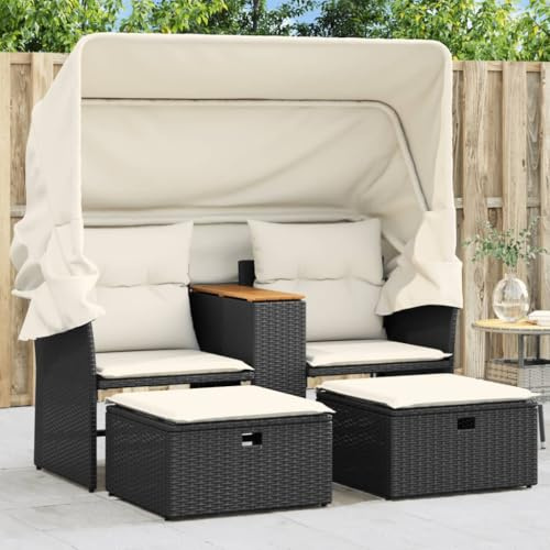 Refined Gartensofa 2-Sitzer mit Dach und Hockern Outdoor Sofa mit Sonnendach, Terrassensofa mit Hockern, Gartenmöbel Sofagarnitur Gartengarnitur, Schwarz Poly Rattan