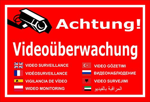 Melis-Folienwerkstatt Schild Videoüberwachung 9-sprachig mehrsprachig – 45x30 cm – 3mm Aluverbund – mehrere Größen/Materialien