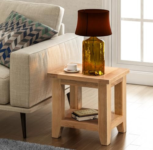 Hallowood Furniture Cotswold Oak Side Table with Lower Shelf, Solid Small Wooden Coffee Table for Living Room or Bedroom, Oak Plant Stand for Hallway of Small Spaces