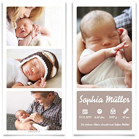 30 x Geburt Danksagungskarten Geburtskarten individuell mit 4 eigenen Fotos und Text für Mädchen und Jungen - Fotostreifen Motiv, 300g/qm Kartonpapier, DIN Lang 98x210mm Vorder- und Rückseite Druck