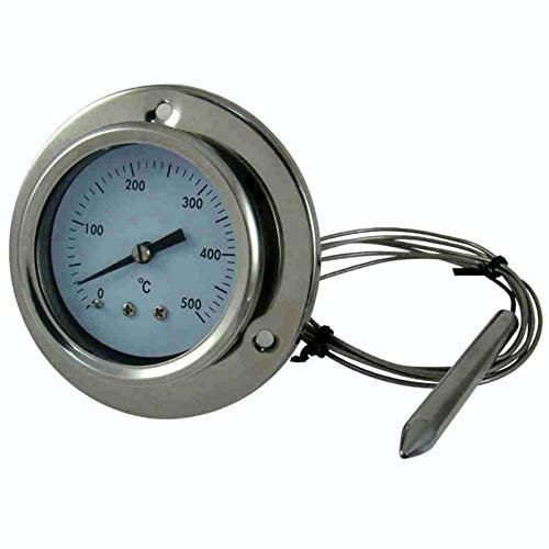 GIEMME Termometro da Forno a Legna in Acciaio inox Temperatura Max 500 °C con sonda flessibile ed attacco a viti. Per forno a legna, forno, barbecue