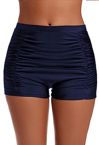 Lovache Women's High Waisted Swim Shorts Ruched Boyleg Tummy Control Bikini Bottom