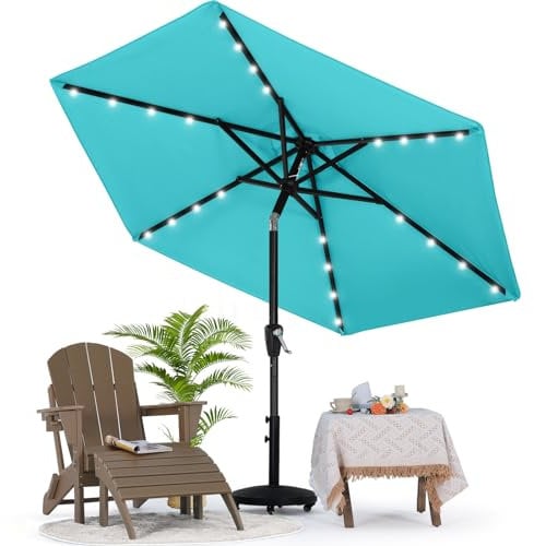 MasterCanopy 230 cm Sonnenschirm mit 24 Solar-LED Patioschirm Gartenschirm Terrassenschirm Tischschirm Martkschirm, Türkis