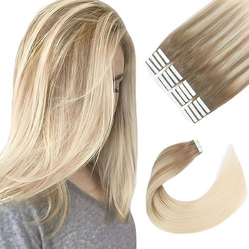 Sixstarhair Tape In Extensions 40cm 50g 16 Zoll Tape In Haarverlangerung Kurz Haar Balayage Aschbraun Verblasst Zu Aschblond Tape In Extensions Echthaar FüR Frauen #B8/60