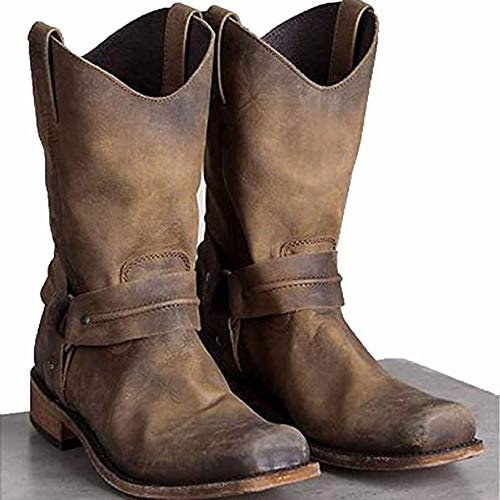 MWbetsy West Men Santiags Vintage Fyrkantigt Huvud Knight Boot Topp Hjälp Punk Rock Stil Gotisk Mi-Mollet Vinterstövlar Jakt Vandring Vandring, Brun, 40 EU