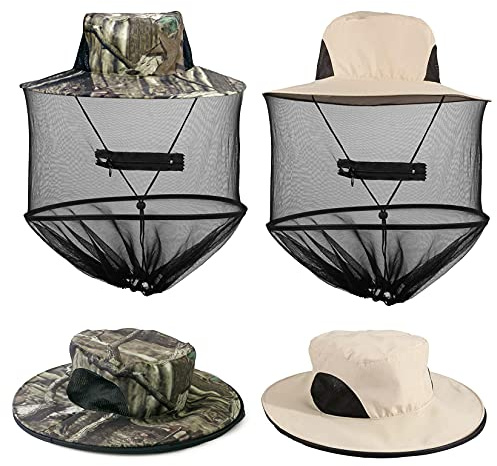 2 Pack Mosquito Head Net Hat, Sun Hat Bucket Hat with Hidden Net Mesh Mask for Outdoor Lover Fishing Hiking Gardening Beekeeping Men or Women, Khaki, Large