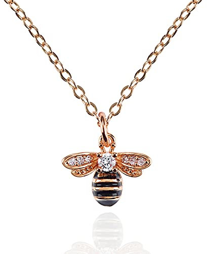 namana Rose Gold Bumble Bee Necklace for Women and Teenage Girls, Rose Gold Pendant Necklace with Cubic Zirconia and Black Enamel, Honey Bee Jewellery Gifts for Women