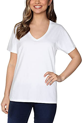 Fruit of the Loom Crafted Comfort-Maglietta a Maniche Corte in Cotone Pima T-Shirt, Scollo a V-Bianco, L Donna