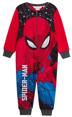 Marvel The Official Spiderman Tutina per ragazzi in pile All in One Pigiama per bambini con cerniera Loungewear, Rosso, 3-4 Years