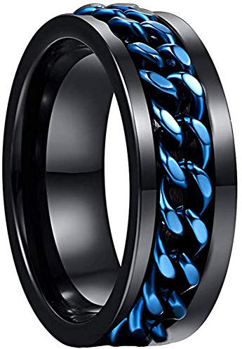 NUNCAD Schwarz Ringe Herren/Damen Wolfram Spinner Ring mit Blau Drehbare Ketten Inlay als Freundschaftsringe Partnerringe Verlobungsringe Ringe Größe 56.0 (17.8)