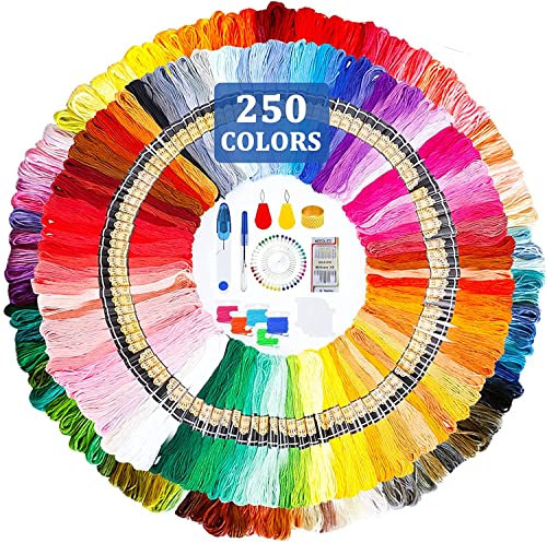 HEPAZ Stickgarn,321pcs Stickerei Kreuzstich Set,250 Farben Multifarben Embroidery Floss,Weicher Polyester Perfekt für Freundschaftsbänder Kit