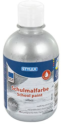 Stylex 28811 - Schulmalfarbe Silbers, 300 ml, Metallic-Effekt, Langzeit deckend und wasservermalbar, mit Dosierverschluss