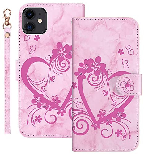 Ailisi Coque pour iPhone 11 (6,1 Pouces), Motif Marbre en Relief Coeur d'amour et Fleurs Design PU Cuir Étui Portefeuille Flip Cover Housse avec Fonction Support, Fente pour Carte -Rose