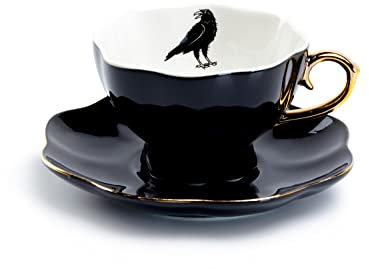 Grace Teaware Raven Black Fine Porcelain Tea Cup and Saucer with Hand Painted Gold Trim Crow,Black White and Gold