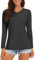MAGCOMSEN UV Schutz Shirt Damen Sonnenschutz Sport Shirt mit V-Ausschnitt Einfarbig UPF 50+ Outdoor Langarmshirt Atmungsaktiv Funktionsshirt für Wandern Schwarz XL