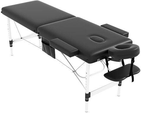 civama Massageliege, tragbar, 11,8 kg, leicht, 2 Abschnitte, faltbares Tattoo-Bett, Gesichtspflege, Spa-Wimpernbett, höhenverstellbar, stabiler Aluminiumrahmen mit Zubehör-Tragetasche, Schwarz