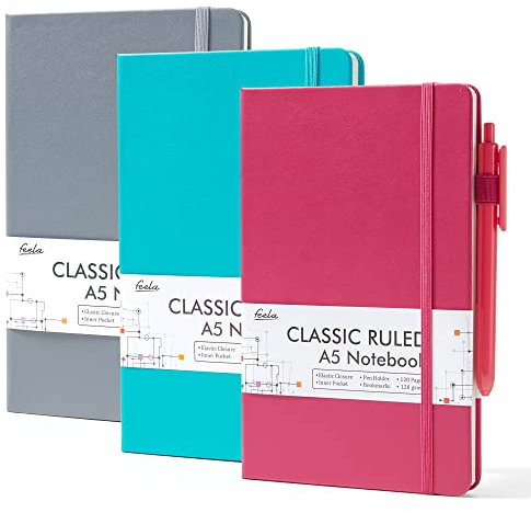 feela Hardcover-Notizbuch für die Arbeit, klassisch, liniert, liniert, Schul- und Businessbedarf, mit 3 schwarzen Stiften, 120 g/m², 13 x 21,1 cm, 3 Stück, A5, einfarbig, Grau, Beere, Smaragd