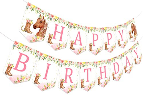 Pferd Geburtstag Banner für Mädchen, Rosa Cowgirl Happy Birthday Papier Wimpelkette Hängendes Banner mit Pferdestiefeln Design für Western Girl's Geburtstag Party Dekorationen