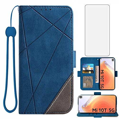 Asuwish Handyhülle für Xiaomi Mi 10T/Mi10T Pro 5G Hülle mit Glas Folie Schutzfolie Kartenfach Klappbar Leder Geldbörse Ständer Mi10TPro M10T T10 M2007J3SG Handy Hüllen Schutzhülle Phone Case Blau