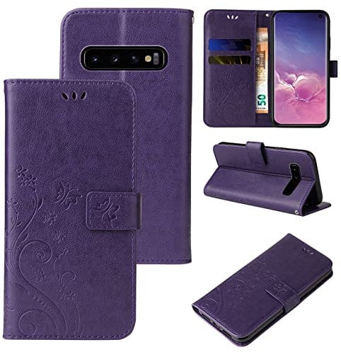 LBH Handy Hülle für Samsung Galaxy S10 Case Handytasche Schmetterling Blumen Flower Standfunktion Schutzhülle Magnet Rundum Schutz 360 Grad Flipcase Cover Violett