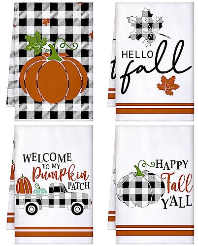 Hosuly 4 Stück Thanksgiving Plaid Küchentücher Dekorative Herbst Geschirrtuch Dekor LKW Kürbis Ahornblatt Saugfähige Geschirrtücher Herbsternte Küche Waschlappen für Geschirr, 40,6 x 61 cm, 4 Stile