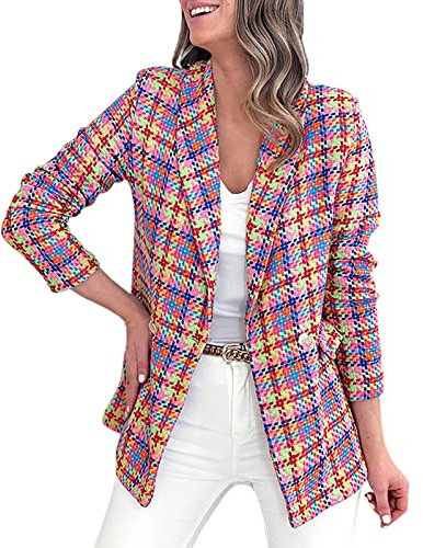 Briskorry Blazer d'affaires à carreaux pour femme - Avec poche - Style décontracté - Avec boutons - Pour affaires - Veste à manches longues