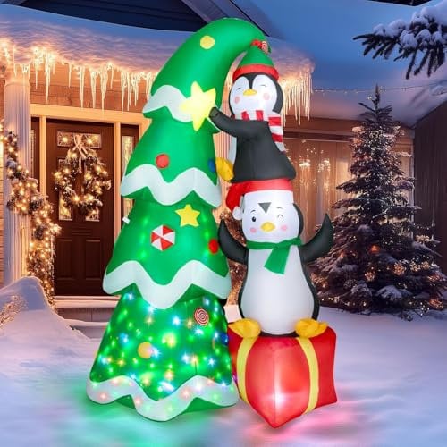 Wothfav 7FT Inflatable Christmas Tree with Two Penguins, Built-in Rotating LED Light for Party Decorations, Xmas Inflatable Outdoor Party Decorations for Garden, Patio, Lawn
