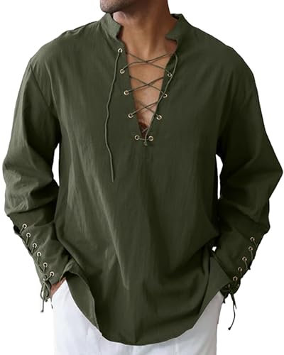 LUYANA Herren Langarmhemd Mittelalter Gothic Viktorianisch Halloween Kostüm Armee Grün XL