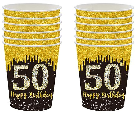 16 Stück Schwarz Gold Einwegbecher Tischdeko 50. Geburtstagsdeko Pappbecher Glühweinbecher Pappe Kaffeebecher Trinkbecher für Mann Frau Geburtstag Party Deko Partyzubehör zum Thema Schwarz Gold