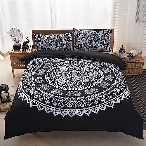 Menkala Bettwäsche 155x220 Schwarz Weiß Mandala Boho Style Vintage Elefant Muster Wendebettwäsche 2teilig Retro Indisch Bohemian Motiv 3D Microfaser Bettbezug Reißverschluss und Kissenbezug 80x80 cm
