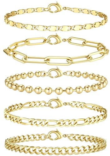 KRFY Bracciale per Donna 14 K Placcato Oro Bracciale Set Argento Figaro Cubano Tennis Catena Bracciale Twist Spina di Pesce Impilabile Argento Oro Bracciali Set per Gioielli da Donna