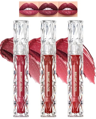 Diamond Glitter Lip Gloss Set- 3 Colors Nude Pink Red Matte Metallic Liquid Lipstick, Shimmer Finish High Pigmented Lip Tinted Stain, Long Lasting Waterproof Lip Makeup Gift for Women Girl-04+05+06
