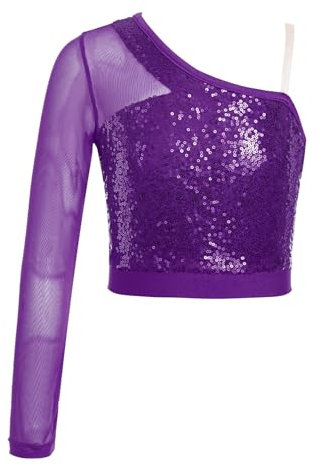 Aislor Paillettes Canotte Sportive per Bambina Crop Top da Balletto Danza Moderna Camicetta Monospalla Maglietta da Ballo Latino Americano Tango Dancewear Viola 11-12 Anni