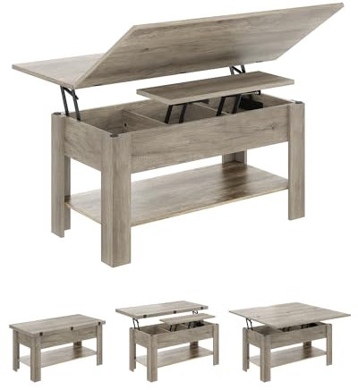 KIMENICH Couchtisch Höhenverstellbar, 3-in-1-Multifunktions-Wohnzimmertisch, Kaffeetisch, Versteckter Aufbewahrung, Offenes Fach, Als Esstisch nutzbar, für Wohnzimmer, Büro, Grau