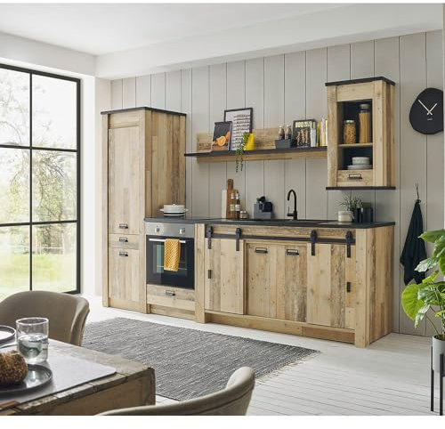 Lomadox Küchenzeile im Industrial Stil in Old Style hell mit anthrazit Küchenschrank Küchenmöbel Stauraumschrank Wandregal Spültisch Hängeschrank modern