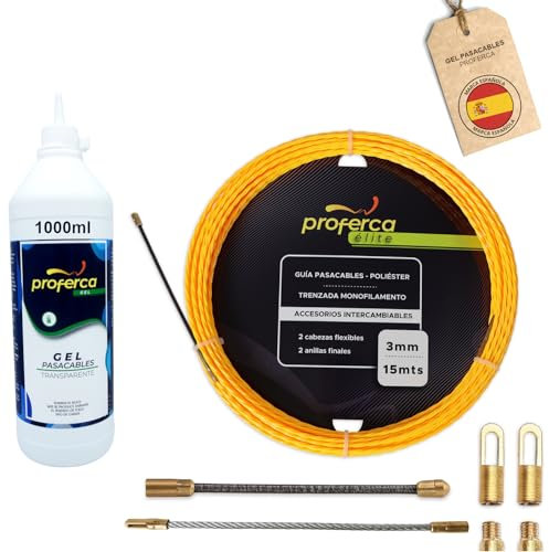 PROFERCA® Guía Pasacables Profesional de 3mm y 15 metros + Gel Pasacables Transparente | Poliéster Trenzado con Terminales Intercambiables | Guía Electricista | Tubos Estrechos