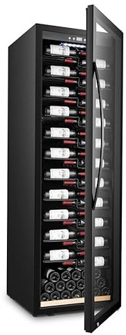 mQuvée Freistehender Weinkühlschrank - WineExpert 192 Fullglass Black-Label View, 1 Temperaturzone, Kapazität 153 Flaschen, Buchenholzregale auf Schienen, UV-geschützte Glastür, eine Zone 5-20°C