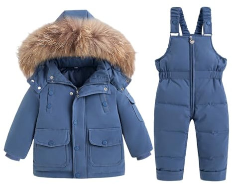 Valcatch Toddlers Kids Snowsuit Hooded Down Jacket Puffer Trousers Sets Solid Warm Coat Bib Pants Dungarees Boys Girls Winter Outfits Ski Suit Age for 1-5 Years